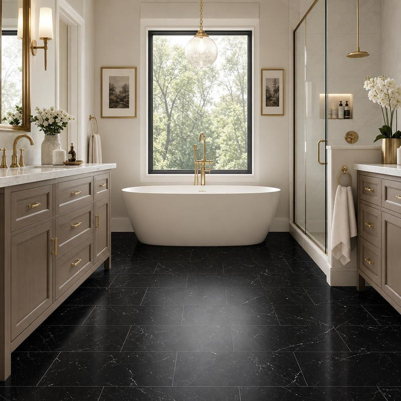 Negro Marquina 12x24 Honed Veined Marble Tile — Primary Bath floor