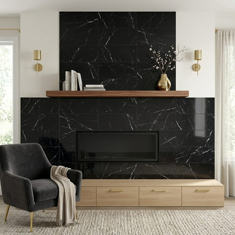 Negro Marquina 12x24 Polished Marble Tile — Living Room fireplace surround