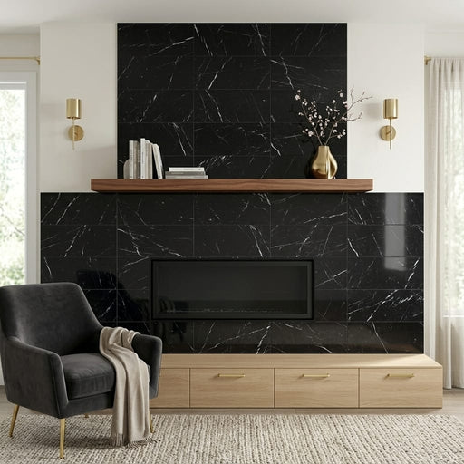 Negro Marquina 12x24 Polished Marble Tile — Living Room fireplace surround