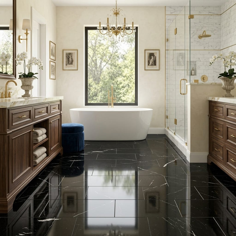 Negro Marquina 12x24 Polished Marble Tile — Primary Bath floor