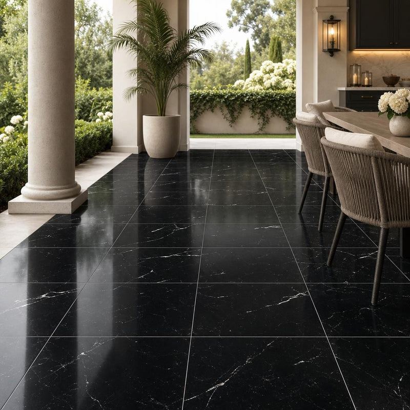 Negro Marquina 18x18 Honed Marble Tile — Covered Patio floor