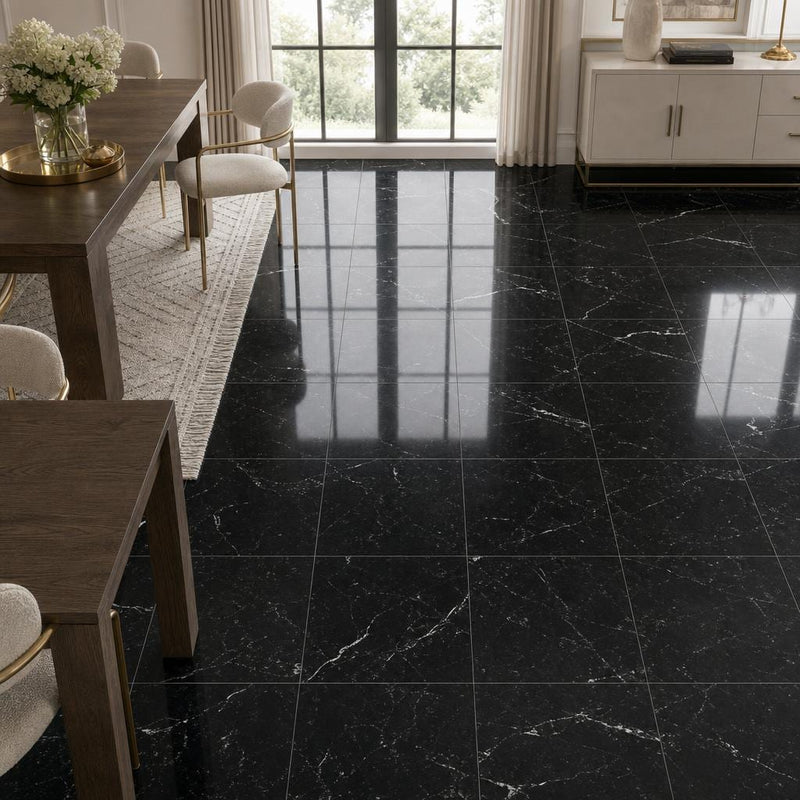 Negro Marquina 18x18 Honed Marble Tile — Dining Room floor