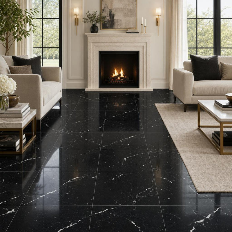 Negro Marquina 18x18 Honed Marble Tile — Family Room floor