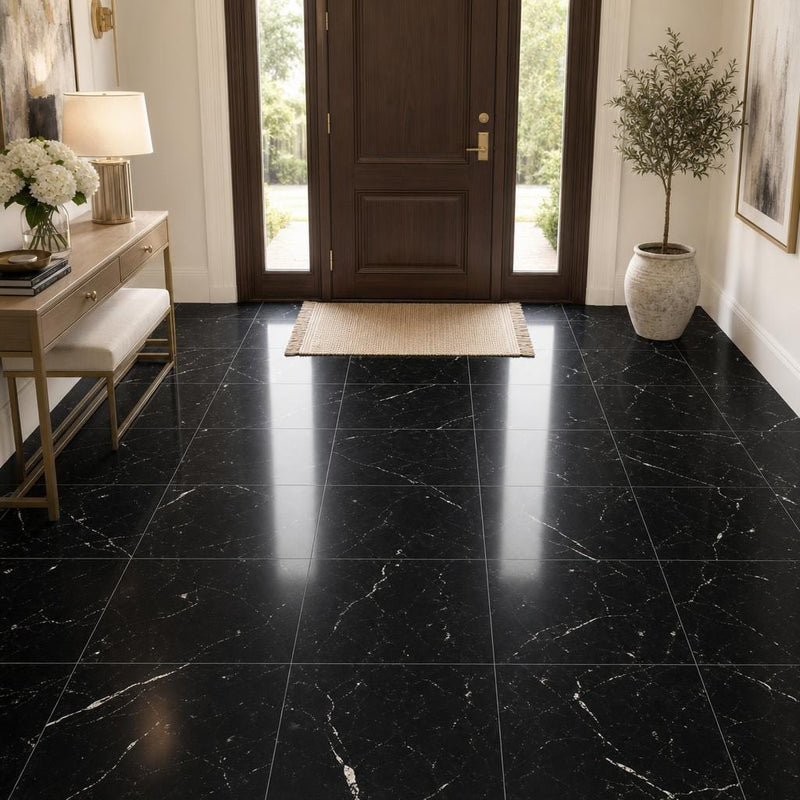 Negro Marquina 18x18 Honed Marble Tile — Foyer floor