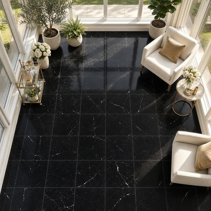 Negro Marquina 18x18 Honed Marble Tile — Sunroom floor