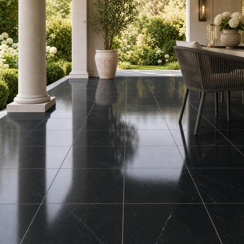 Negro Marquina 18x18 Polished Marble Tile — Covered Patio floor
