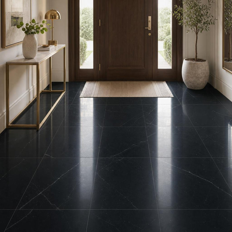 Negro Marquina 18x18 Polished Marble Tile — Foyer floor
