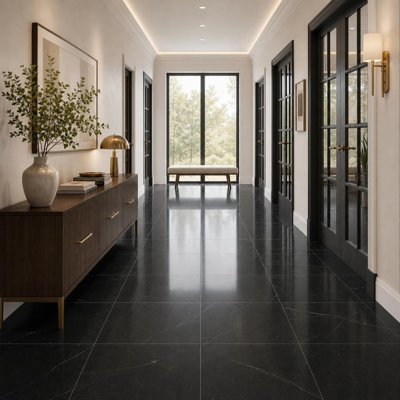 Negro Marquina 18x18 Polished Marble Tile — Hallway floor