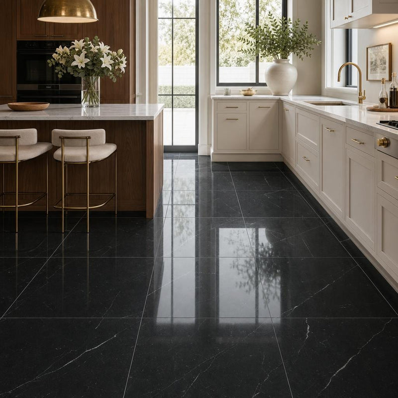 Negro Marquina 18x18 Polished Marble Tile — Kitchen floor