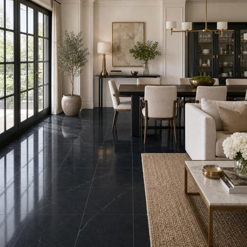 Negro Marquina 18x18 Polished Marble Tile — Living Room floor