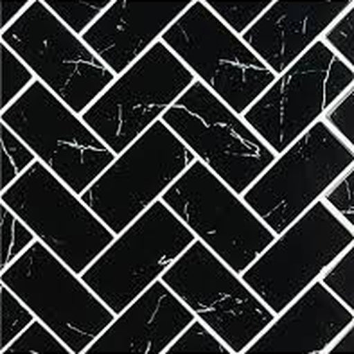 Nero Marquina 2x4 glass mosaic tile with black rectangular pieces, white veining, and a herringbone pattern.