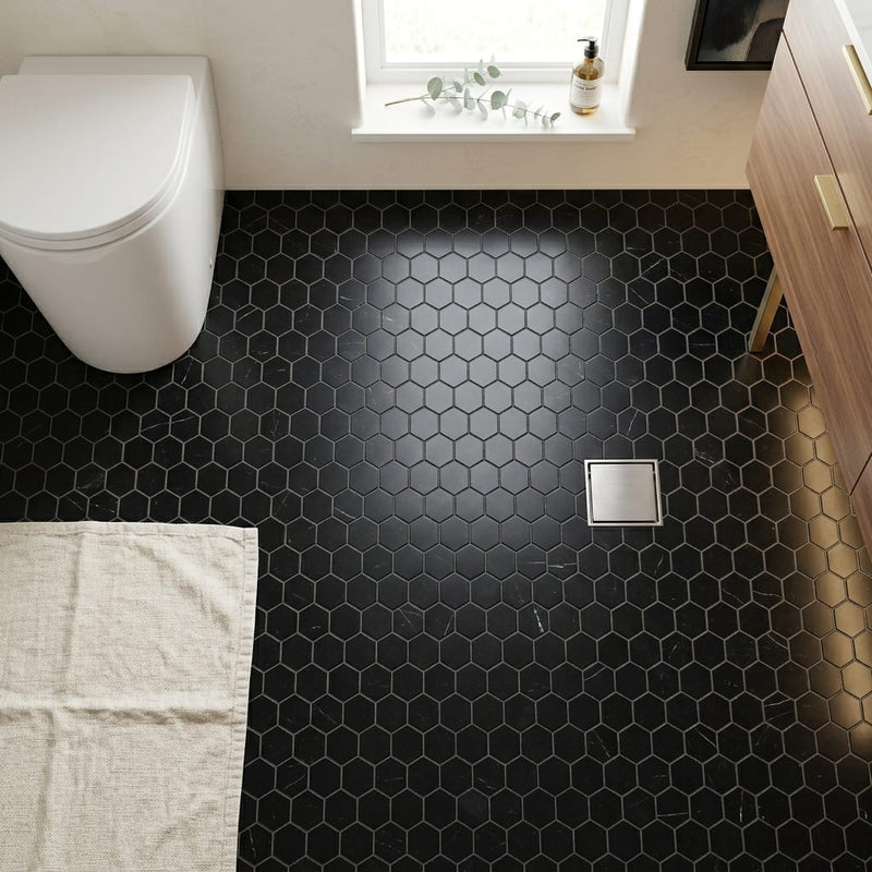 Nero Marquina (Black) Marble 1x1 Honed Hexagon Mosaic — Bathroom floor