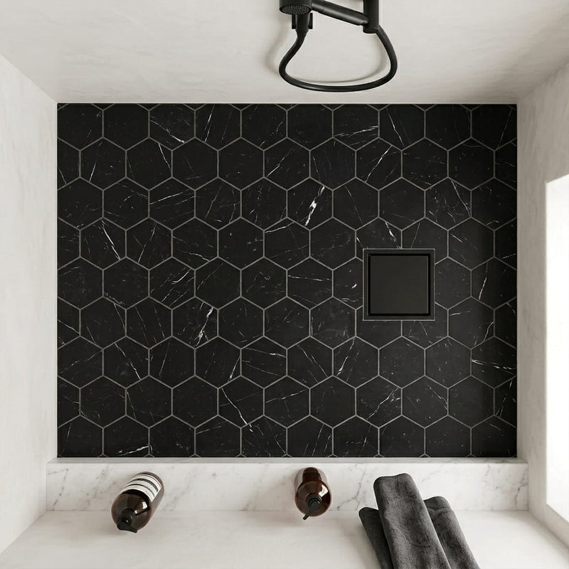 Nero Marquina (Black) Marble 1x1 Honed Hexagon Mosaic — Bathroom shower floor