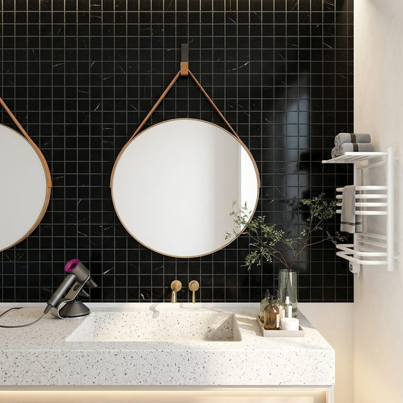 Nero Marquina (Black) Marble 1x1 Honed Mosaic — Bathroom shower wall