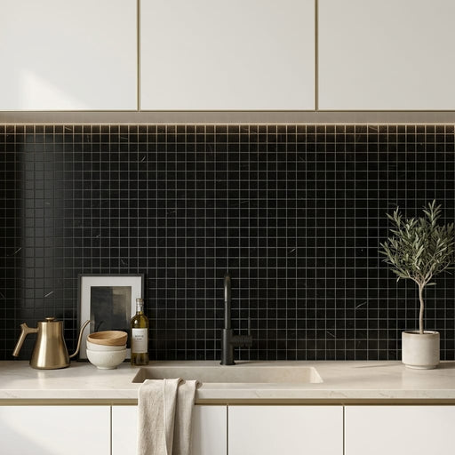 Nero Marquina (Black) Marble 1x1 Honed Mosaic — Kitchen backsplash