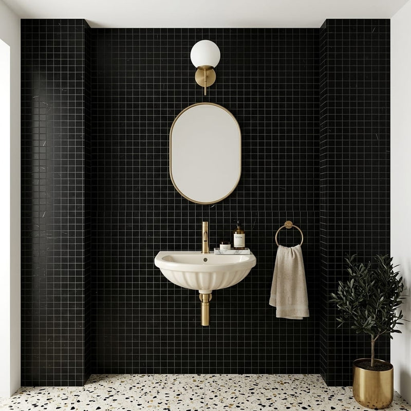 Nero Marquina (Black) Marble 1x1 Honed Mosaic — Powder Room wall