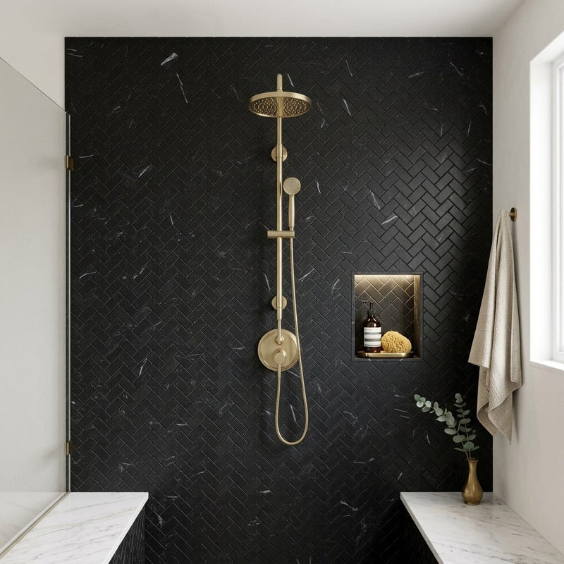 Nero Marquina (Black) Marble 1x2 Honed Herringbone Mosaic — Bathroom shower wall