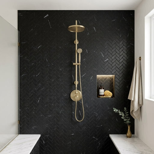 Nero Marquina (Black) Marble 1x2 Honed Herringbone Mosaic — Bathroom shower wall