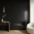Nero Marquina (Black) Marble 1x3 Honed Herringbone Mosaic — Living Room accent wall