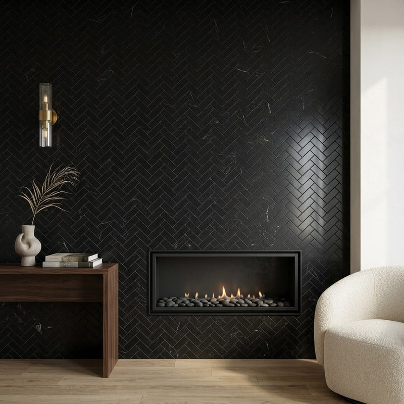 Nero Marquina (Black) Marble 1x3 Honed Herringbone Mosaic — Living Room accent wall