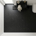 Nero Marquina (Black) Marble 1x3 Honed Herringbone Mosaic — Powder Room floor