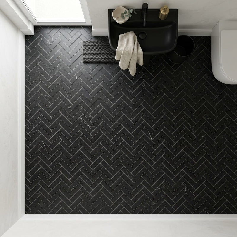 Nero Marquina (Black) Marble 1x3 Honed Herringbone Mosaic — Powder Room floor