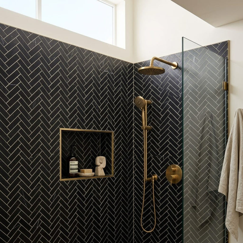 Nero Marquina (Black) Marble 1x4 Honed Herringbone Mosaic — Bathroom shower wall