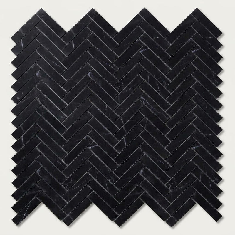 Nero Marquina (Black) Marble 1x4 Honed Herringbone Mosaic close-up