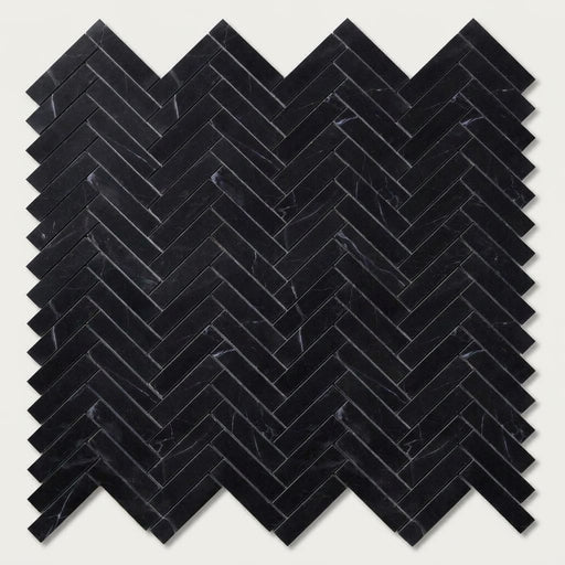 Nero Marquina (Black) Marble 1x4 Honed Herringbone Mosaic close-up