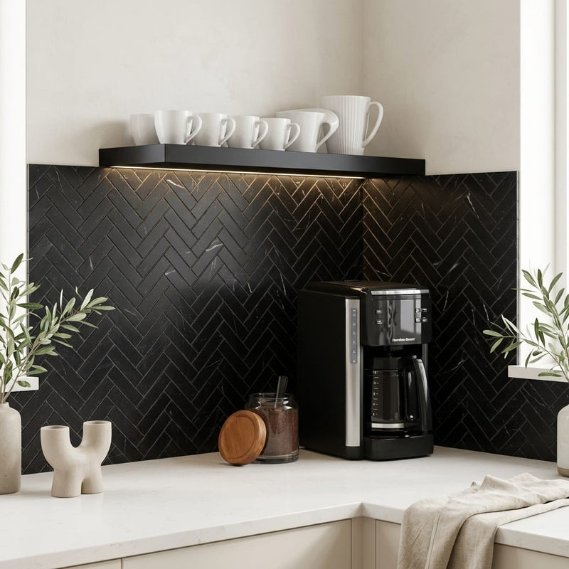 Nero Marquina (Black) Marble 1x4 Honed Herringbone Mosaic — Kitchen backsplash