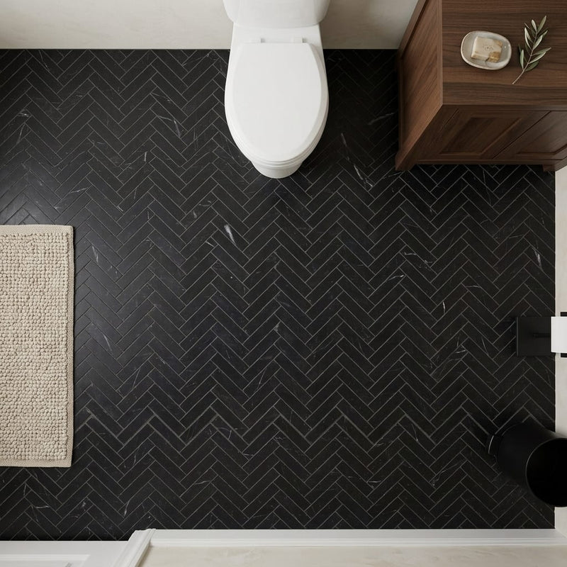 Nero Marquina (Black) Marble 1x4 Honed Herringbone Mosaic — Powder Room floor