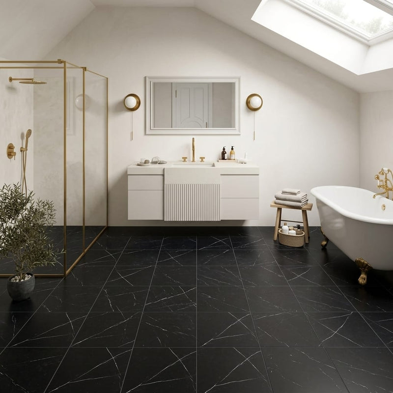 Nero Marquina (Black) Marble 12x12 Honed Tile — Bathroom floor