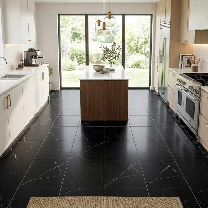 Nero Marquina (Black) Marble 12x12 Honed Tile — Kitchen floor