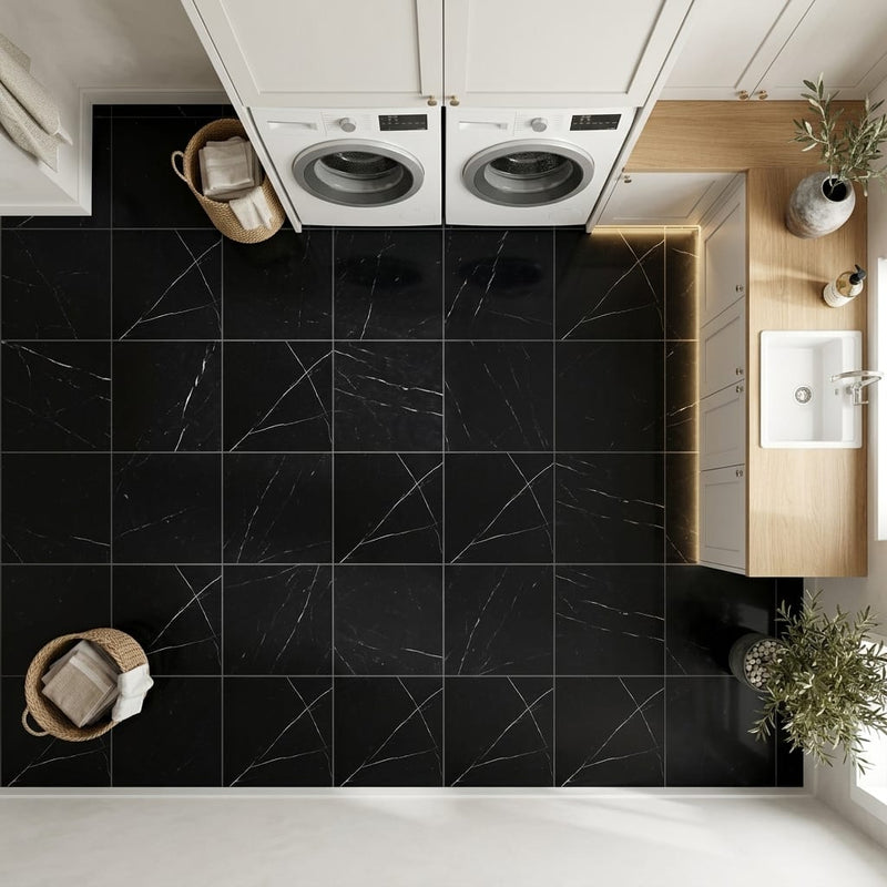 Nero Marquina (Black) Marble 12x12 Honed Tile — Laundry Room floor