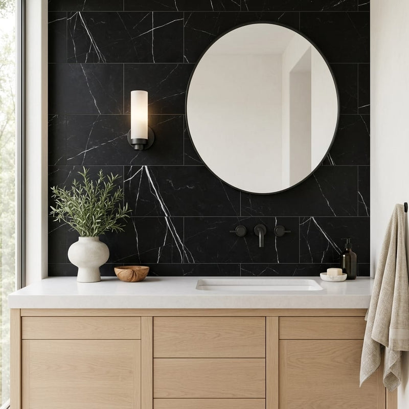Nero Marquina (Black) Marble 12x24 Honed Tile — Bathroom vanity wall