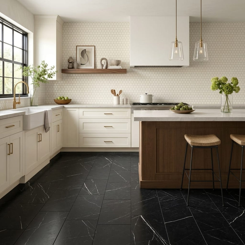Nero Marquina (Black) Marble 12x24 Honed Tile — Kitchen floor