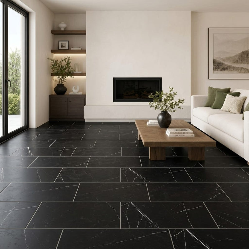 Nero Marquina (Black) Marble 12x24 Honed Tile — Living Room floor