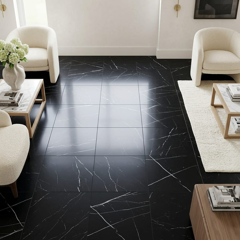 Nero Marquina (Black) Marble 18x18 Honed Tile — Family Room floor