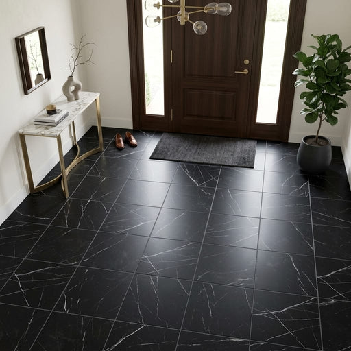 Nero Marquina (Black) Marble 18x18 Honed Tile — Foyer floor