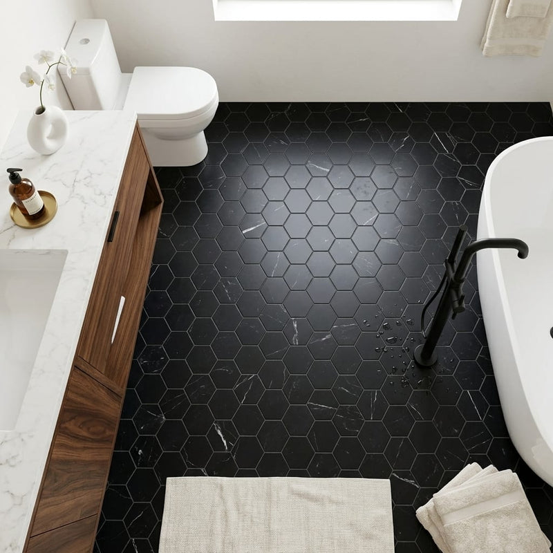 Nero Marquina (Black) Marble 2x2 Honed Hexagon Mosaic — Bathroom floor