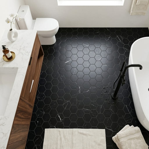 Nero Marquina (Black) Marble 2x2 Honed Hexagon Mosaic — Bathroom floor