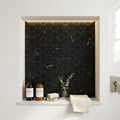 Nero Marquina (Black) Marble 2x2 Honed Hexagon Mosaic — Bathroom niche