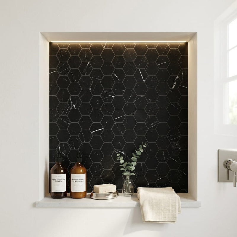 Nero Marquina (Black) Marble 2x2 Honed Hexagon Mosaic — Bathroom niche