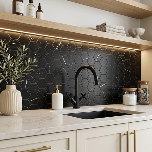 Nero Marquina (Black) Marble 2x2 Honed Hexagon Mosaic — Kitchen backsplash