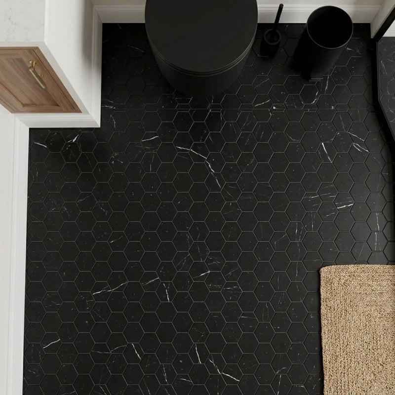 Nero Marquina (Black) Marble 2x2 Honed Hexagon Mosaic — Powder Room floor