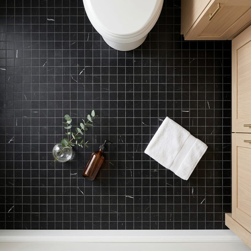 Nero Marquina (Black) Marble 2x2 Honed Mosaic — Bathroom floor