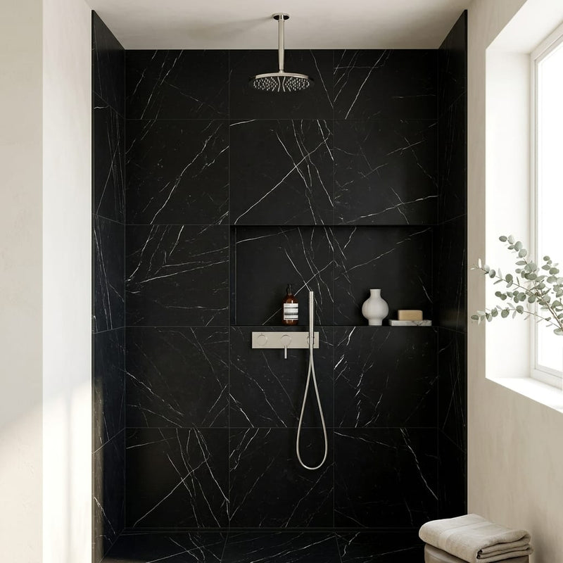 Nero Marquina (Black) Marble 24x24 Honed Tile — Bathroom shower wall