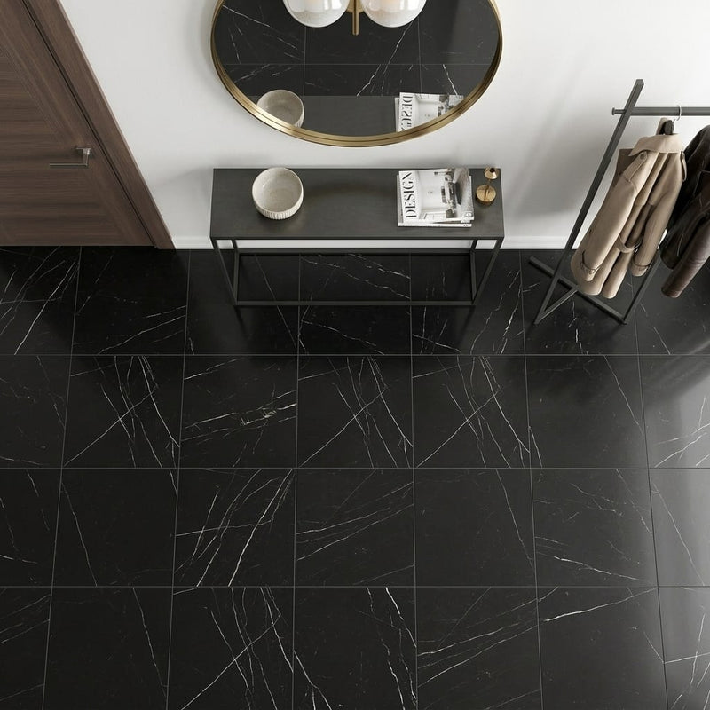 Nero Marquina (Black) Marble 24x24 Honed Tile — Foyer floor