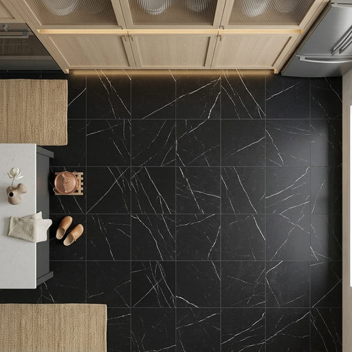 Nero Marquina (Black) Marble 24x24 Honed Tile — Kitchen floor