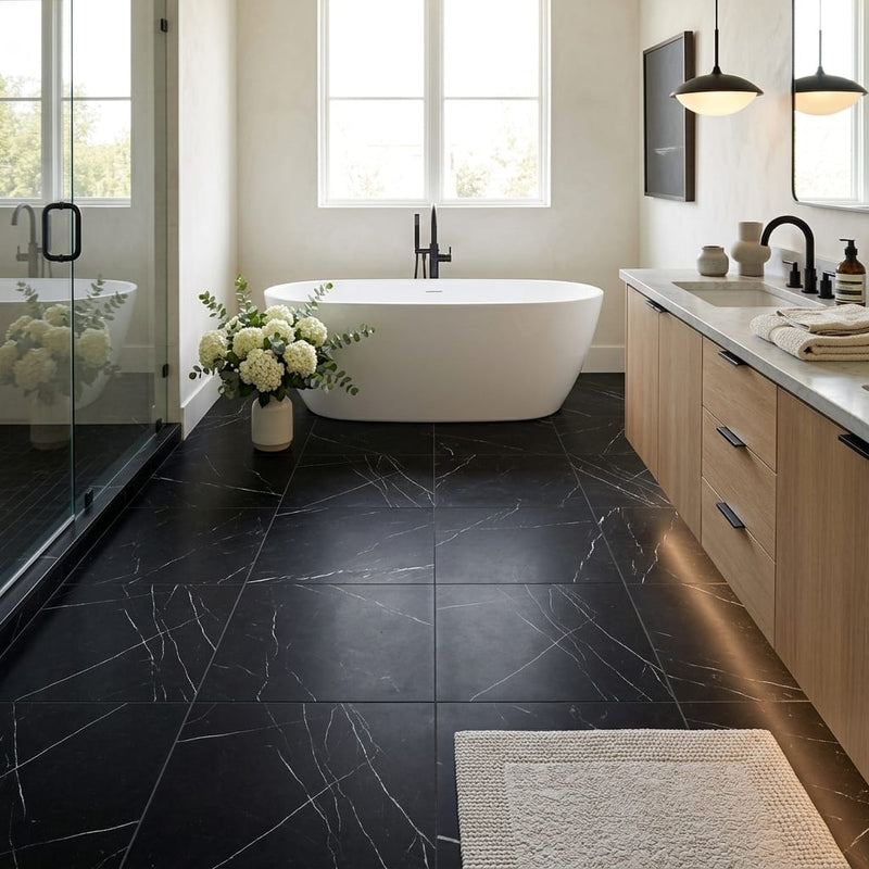 Nero Marquina (Black) Marble 24x24 Honed Tile — Primary Bath floor